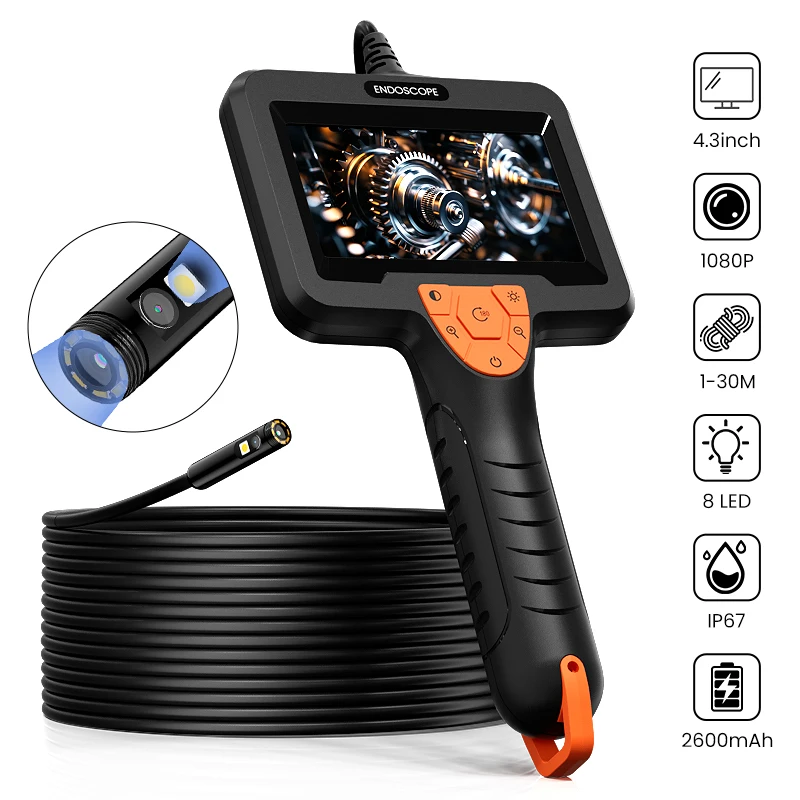 Tragbare Industrie-Endoskopkamera mit 4,3'' IPS-Bildschirm, Boroskop, Dual 8mm 1080P Starres Kabel, 2600mAh für Fahrzeuginspektion Image