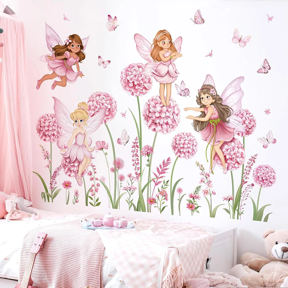 Cartoon Rosa Blumen-Fee Pusteblume Wandaufkleber Mädchenzimmer Blumen-Schmetterling Wandtattoos Schlafzimmer Baby Kinderzimmer Heim-Dekoration