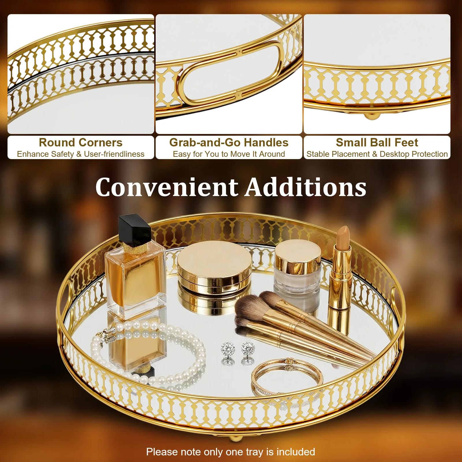 Großes 12,6 Zoll Rundes Goldenes Verspiegeltes Dekoratives Tablett, Modernes Galvanisiertes Eisen-Glas-Tablett für Schminktisch, Badezimmer, Couchtisch, Zuhause