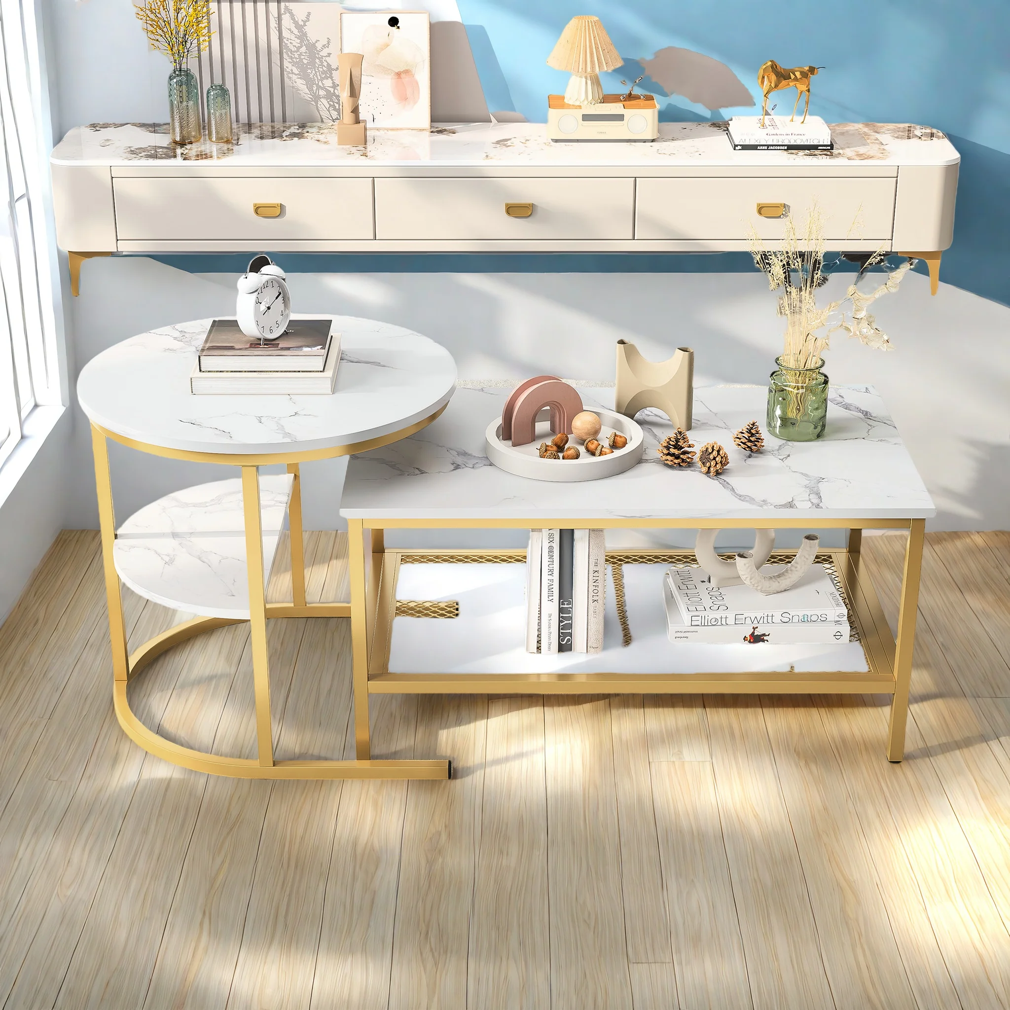 Comanlia 2er-Set Moderne Couchtische, Marmor-Optik, Holz-Beistelltisch mit Goldenen Metallbeinen, für Wohnzimmer und Schlafzimmer Image