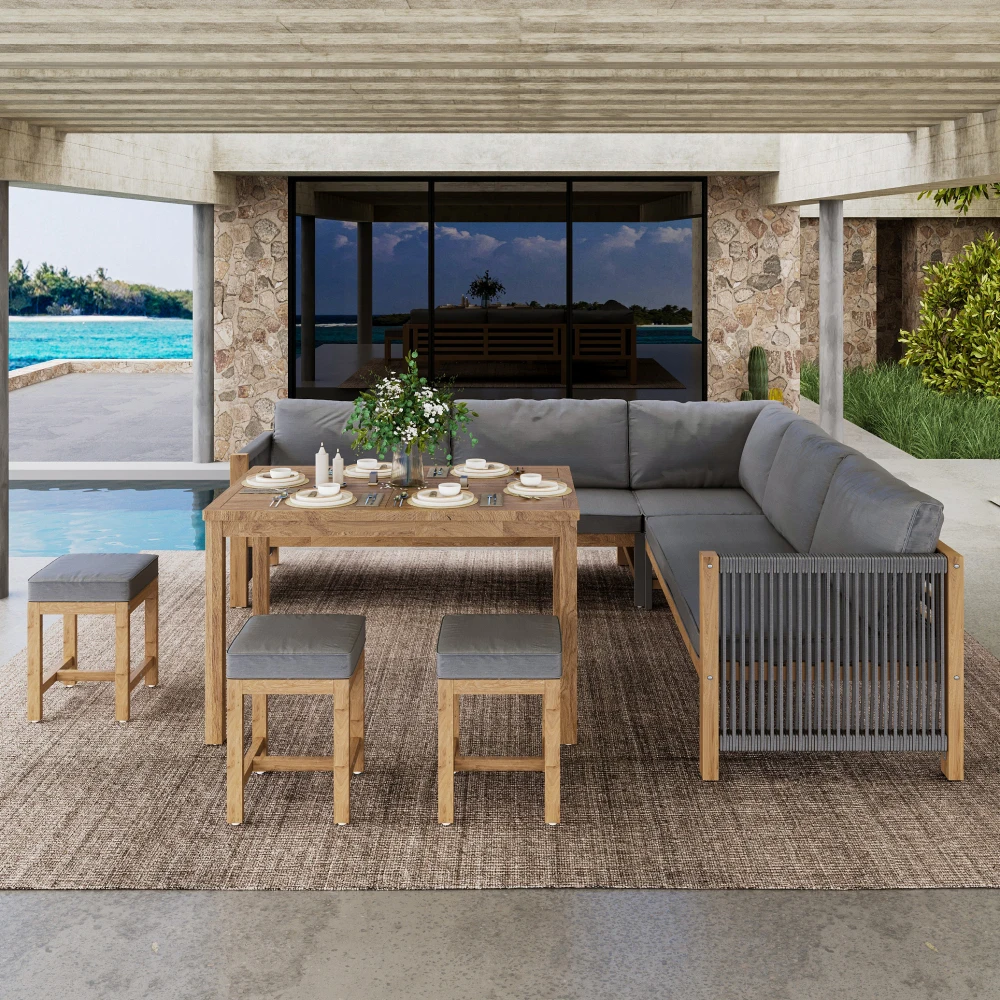 Gartenmöbel-Set für 7-8 Personen, mit Kissen, Ecksofa, Polyrattan-Lounge, mit 3 Hockern und 1 Tisch, Akazie