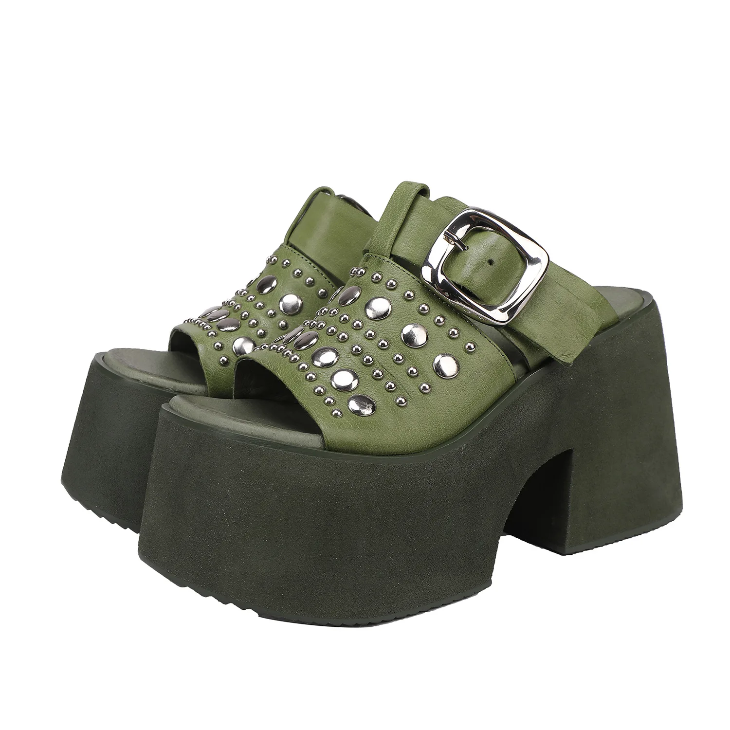 GKTINOO Echtes Leder Dicke Sohle Super High Heels Hausschuhe Sommer 2026 Neue Höhe Zunehmende Modische Niet frauen Schuhe