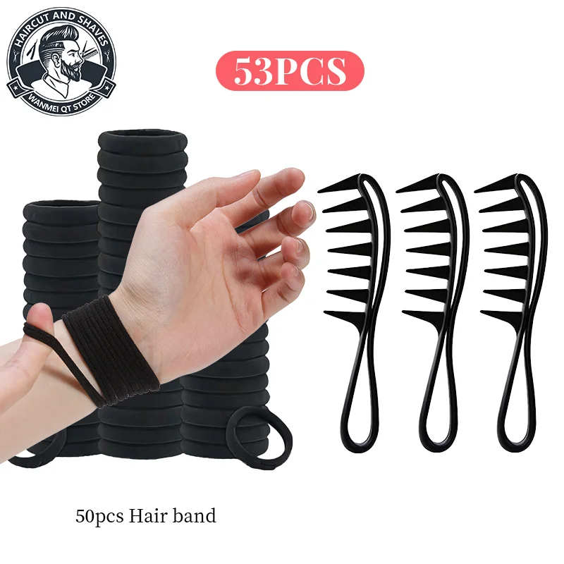 50/52/53-teiliges Haarkamm-Set, 50 Haarbänder & breitzinkiger Kamm für nasses, lockiges, welliges, dickes, langes Haar – Premium-Kunststoffgriff für Perücken