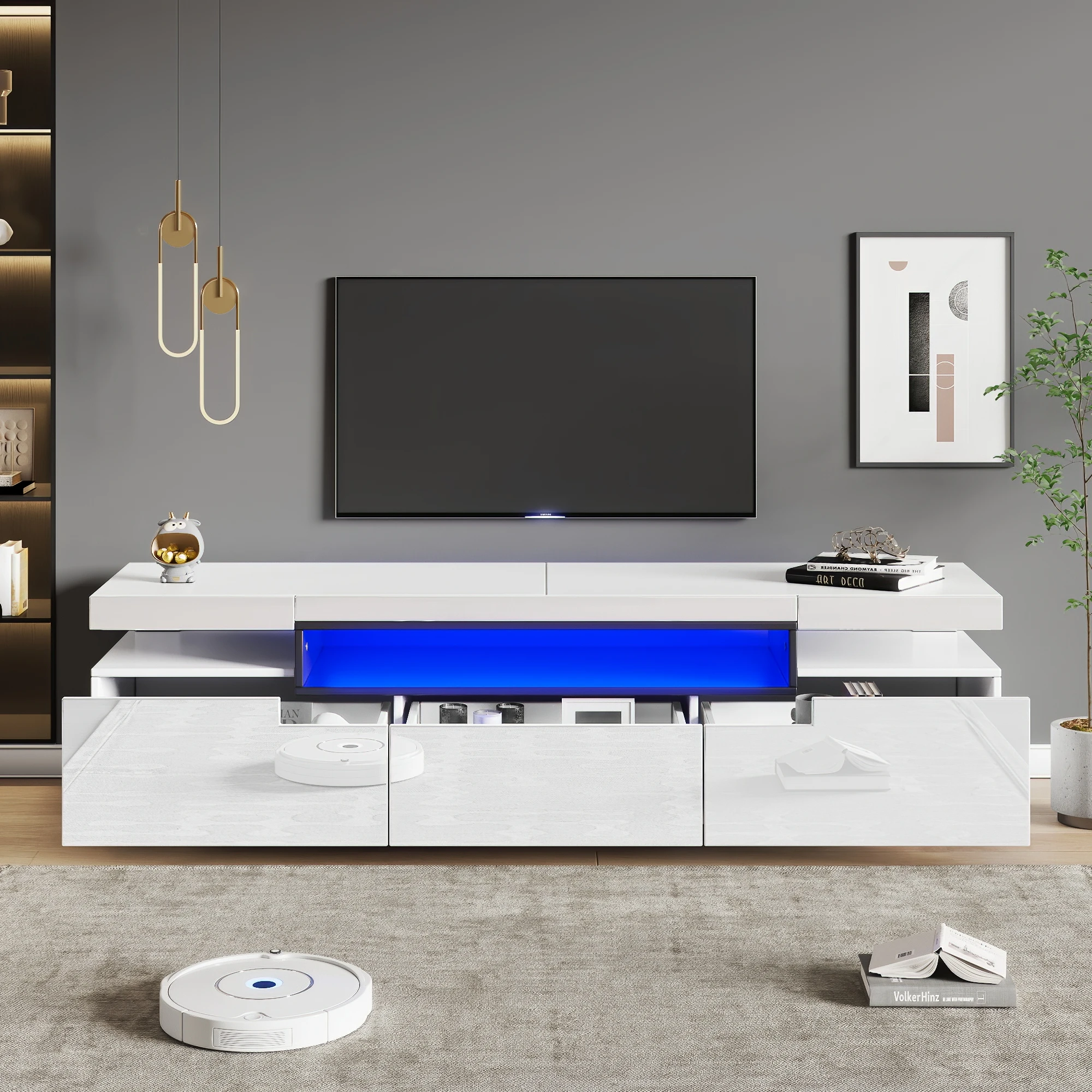 Elegatter Hochglanz TV-Lowboard 160x39x42cm, Weiß. Der Mythos der 16-Farben-LED-Beleuchtung, 3 Schubladen. Für Fernseher BIS 70-Zoll Image