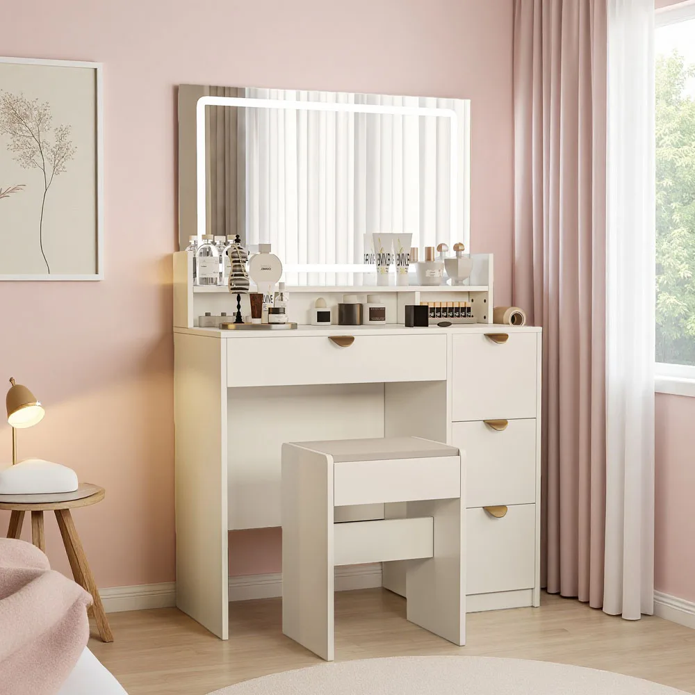 Comanlai Schminktisch mit LED-Spiegel, Kosmetiktisch mit 4 Schubladen, Offenen Fächern, Hocker, USB-Ladeanschluss, Frisiertisch Image