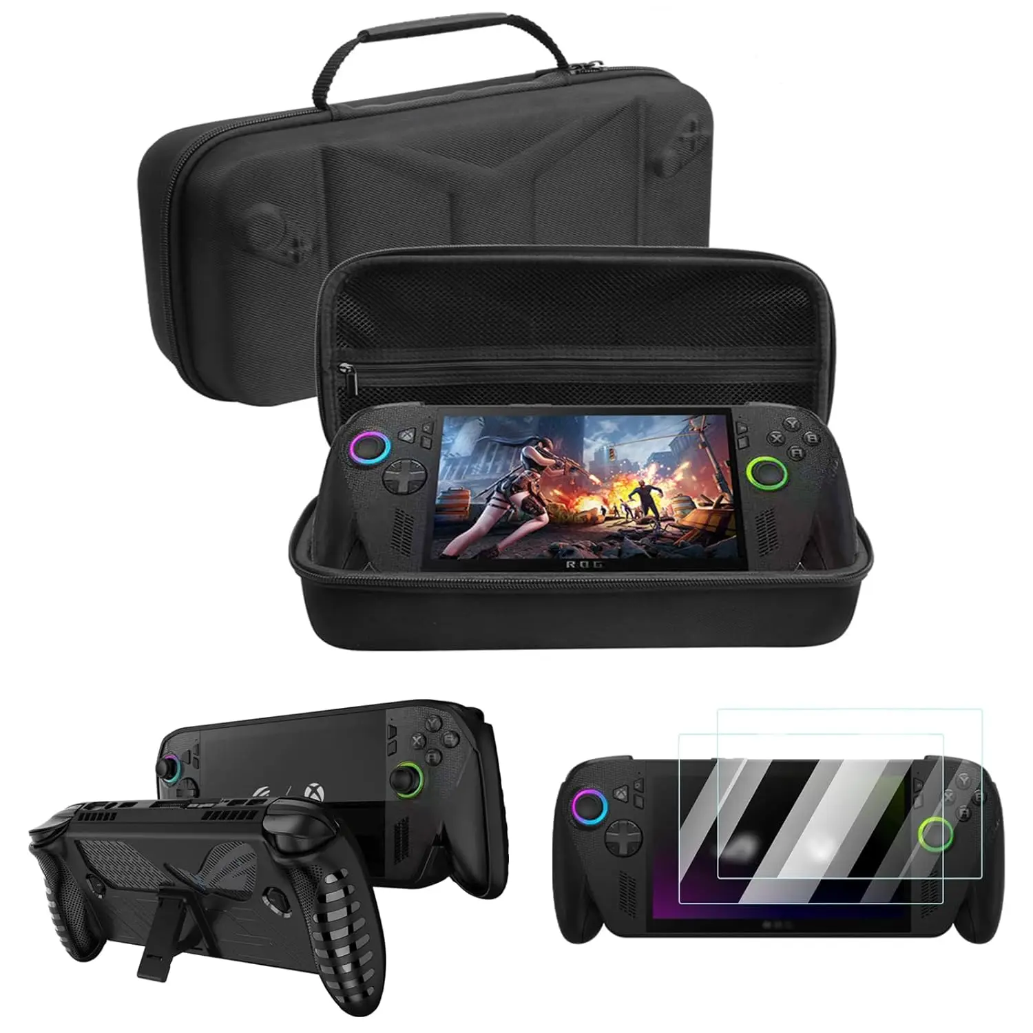 4-in-1 Schutzpaket für Rog Xbox Ally X 2025 - TPU-Hülle mit Ständer & Tragetasche & 2x Panzerglas, kompatibel mit Image