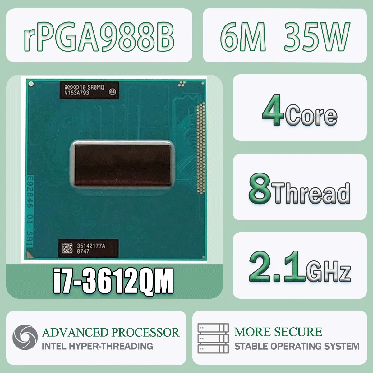 Intel Core I7-3612QM SR0MQ 2,1 GHz 4 Kerne 8 Threads 6M 35 W I7 3612QM Computer CPU Prozessor Server Sockel G2 / RPGA988B Image