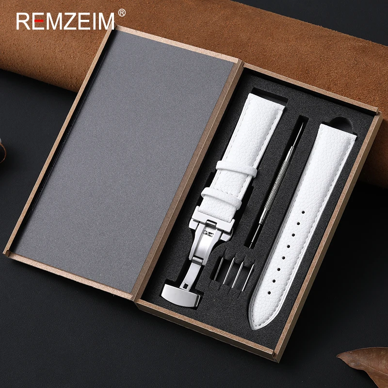 Lässiges Leder-Uhrenarmband mit Litschi-Muster und Schmetterlingsverschluss, Geschenkbox inklusive, 18mm 20mm 22mm, bequemes Unisex-Armband Image