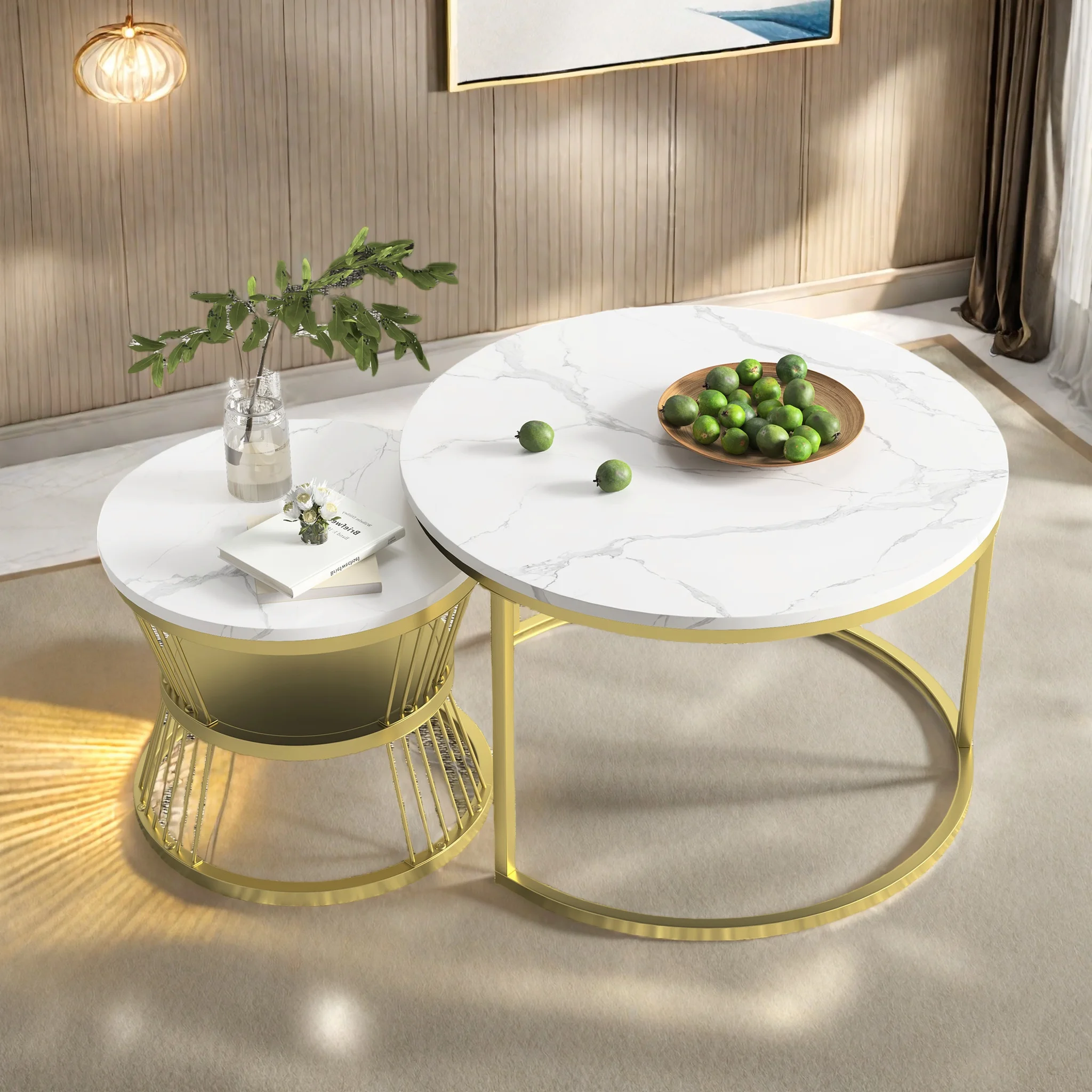 Comanlia 2er-Set Runde Couchtische, Beistelltisch-Set Sofatisch mit Metallbeinen, Marmor-Optik, für Wohnzimmer, Schlafzimmer, Gold Image