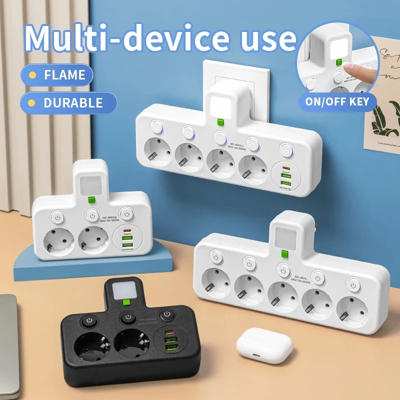 5-fach Steckdosenleiste EU-Steckdose ohne Verlängerungskabel mit USB-Typ-C-Anschlüssen, zwei Ausführungen Image