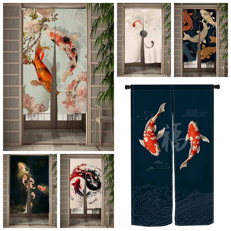 Koi Fisch Japanische Tür Vorhang Küche Eingang Tür Vorhang Dekor Fengshui Drapieren Zimmer Leinen Vorhang Tür Hängen Halb-vorhang