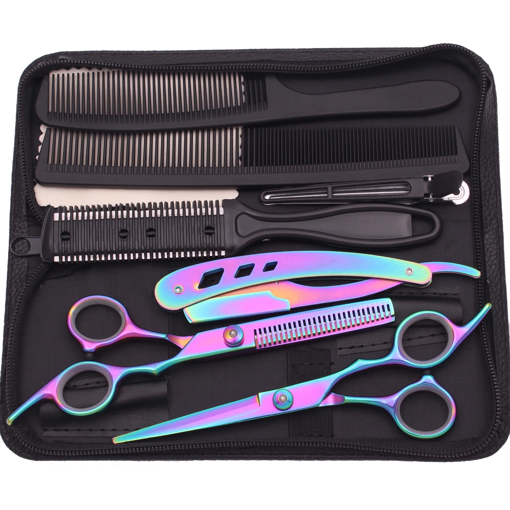 Friseurschere 6'' Japan Edelstahl Haarschere Pro Farbiges Haarschneideset Effilierschere Kamm Rasiermesser Salon-Werkzeug C1001 Image