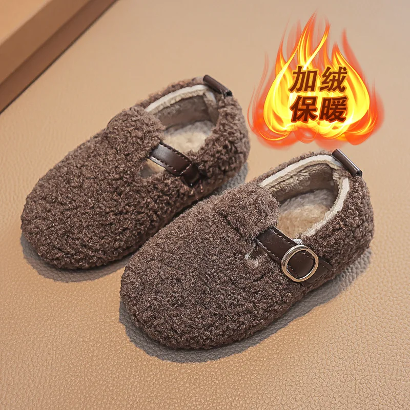 Freizeit Kinder Slipper warme Hakens ch laufe 21-30 schick drei Farben Jungen Mädchen Schuh Winter Kinder flache Schuhe flauschige Schnalle runde Zehen Image