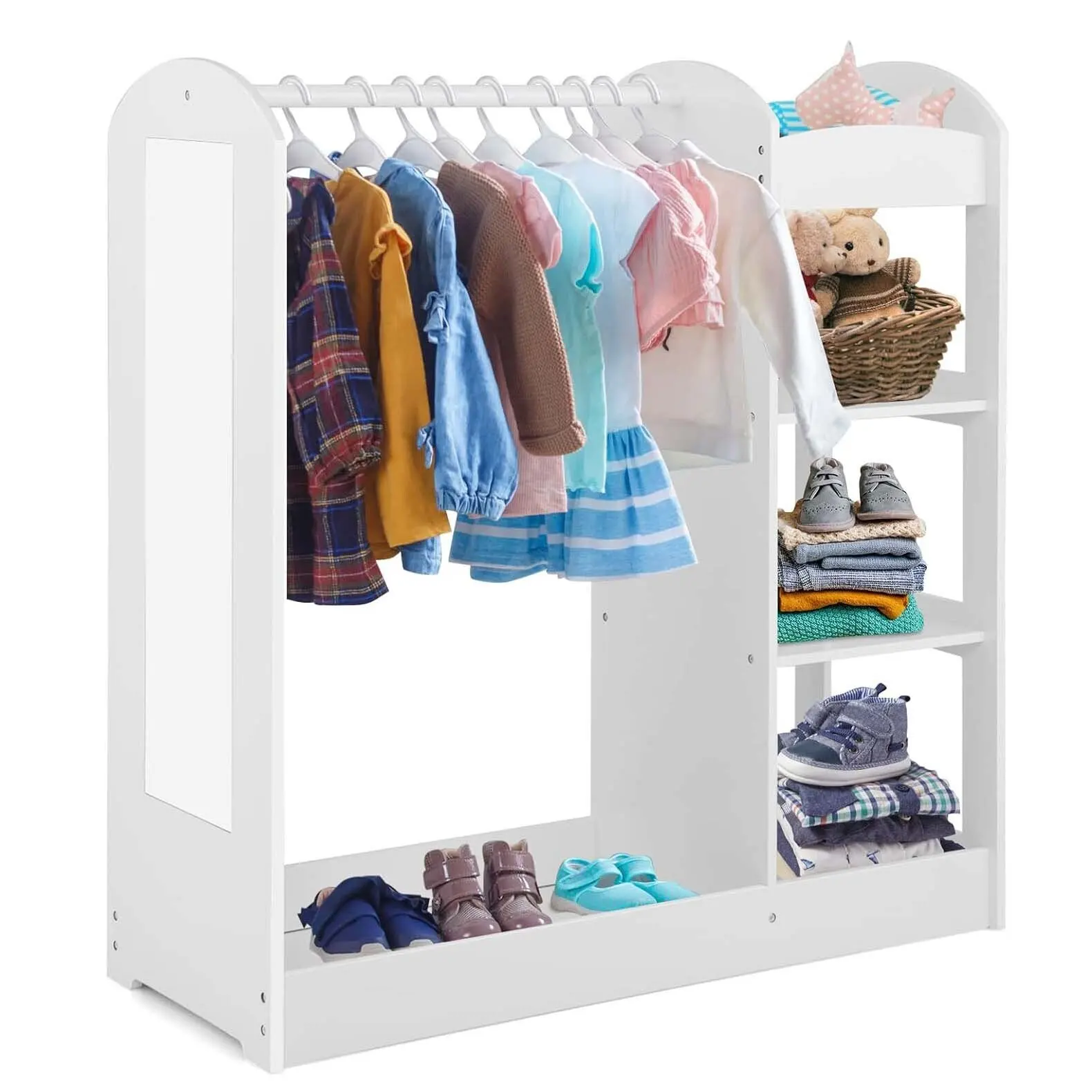 Kindergarderobe mit Spiegel, Kleiderständer „Prince Princess“ mit Kleiderbügel und 4 Regalen, 93,5 x 38 x 100 cm (weiß)