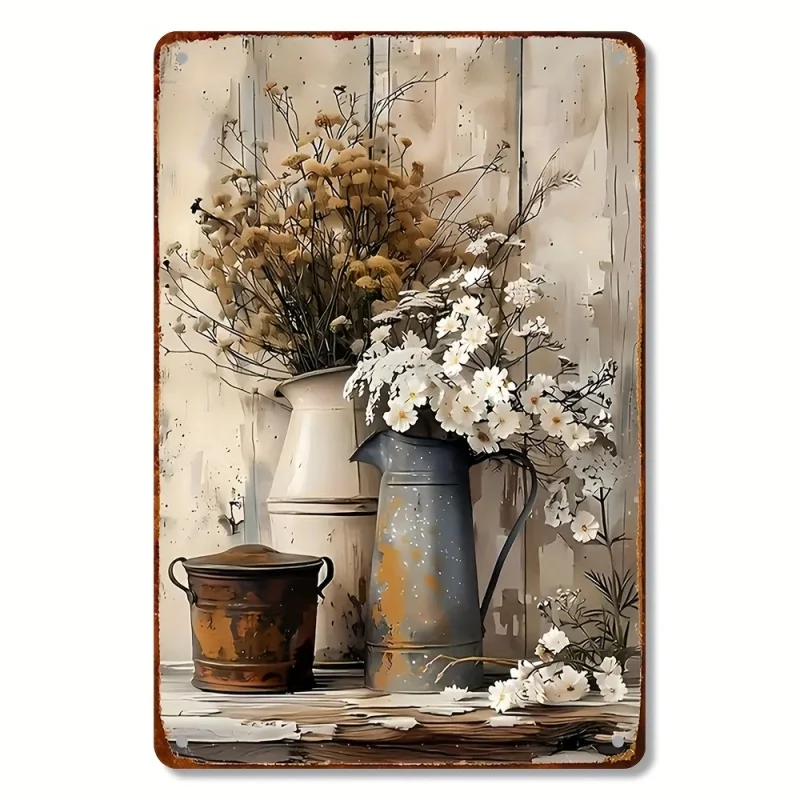 Vintage Gießkanne mit Blumenmuster, Metallschild, Eisen, 20,3 x 30,5 cm, Retro-Wanddekoration, Blechschild für Bauernhausküche Image