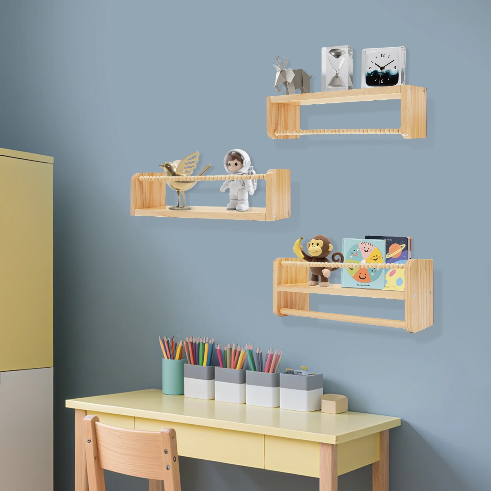 3 Stück 40 x 10 cm Wand-Bücherregale, Bücherregal aus Holz, Wandregal für Kinder, Badezimmer, Wohnzimmer, Holzfarbe Image