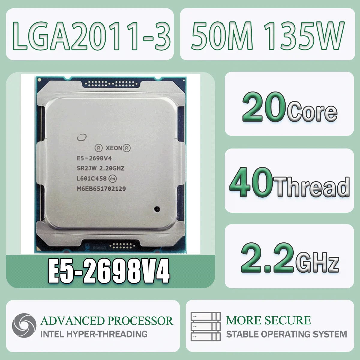 Intel Xeon E5-2698V4 2,2 GHz 20 Kerne 40 Threads 50 MB 135 W 14 NM E5 2698V4 Computer-CPU-Prozessor E5 2698 V4 Paket LGA 2011-3 Image