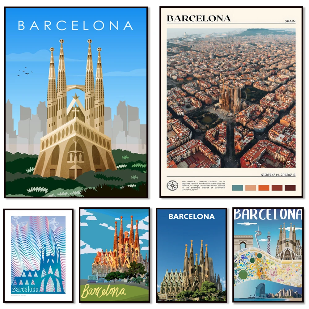 Sagrada Familia Barcelona ​ ​ Spanien, Grafik der europäischen Hauptstadt, Park Guell, La Pedrera, Las Ramblas, Reiseplakat Katalonien