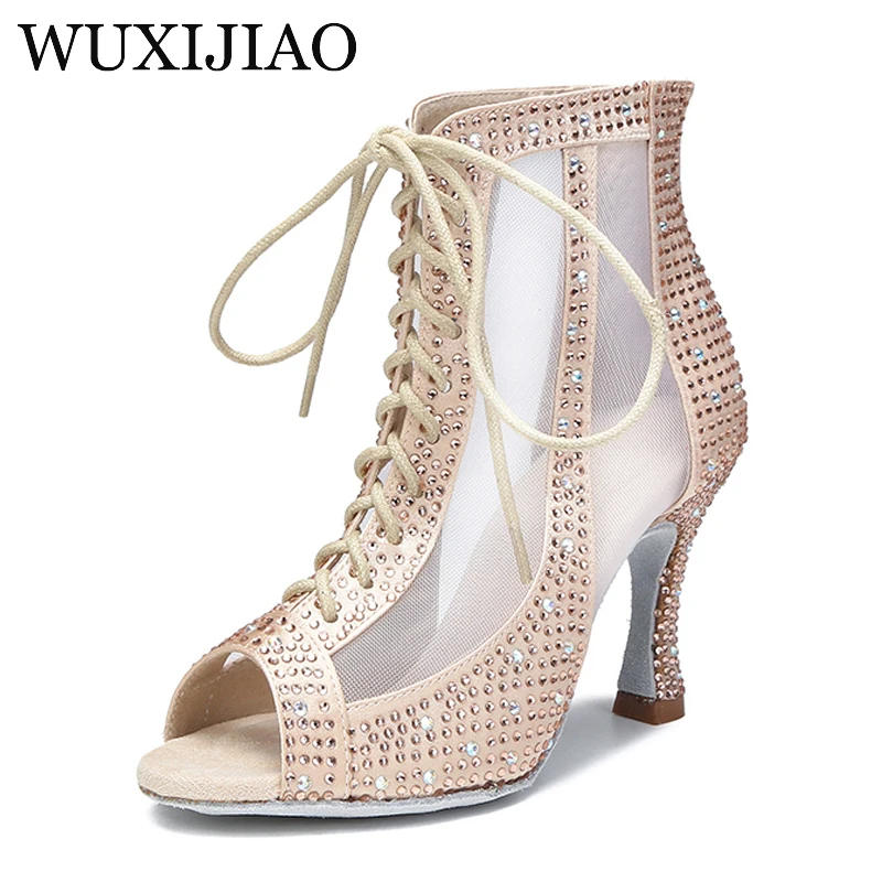 WUXIJIAO Damen High Top Latin Dance Schuhe Schwarz Strass Rot Weiche Sohle Ballsaal Schuhe Salsa Tango Schuhe Party Sandalen