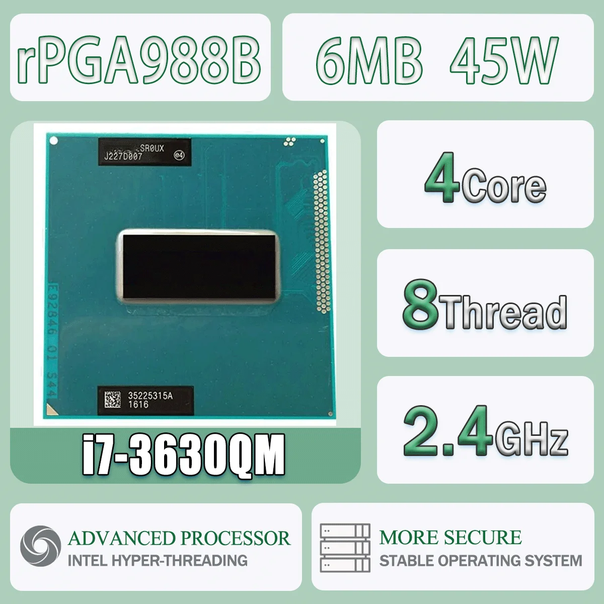 Intel Core I7-3630QM 2,4 GHz 4 Kerne 8 Threads 6M 45 W I7 3630QM Computer CPU Prozessor Server Sockel G2 / RPGA988B SR0UX Image