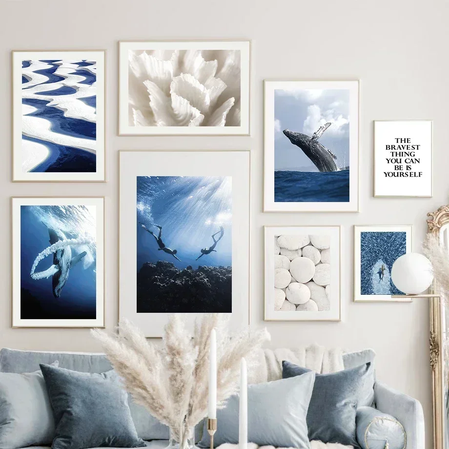 Minimalistische Nordic Blue Sea Whale Diver Leinwand Wandkunst Weißer Stein Poster Drucke Wohnzimmer Home Room Decor Moderne Poster Drucke