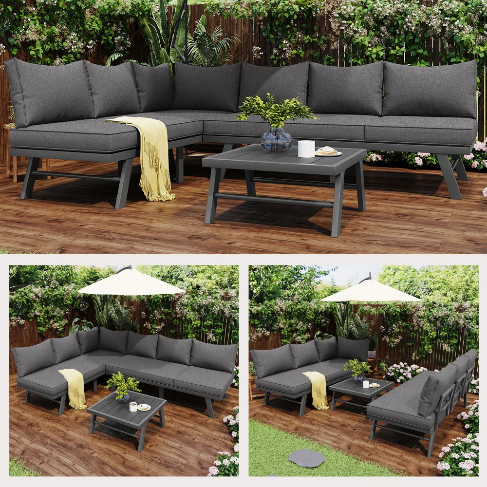 Gartenmöbel-Set für 5-6 Personen, 2 3-Sitzer-Sofas, 1 Tisch, inklusive 7 grauen Kissen, dunkelgrauer verzinkter Eisenrahmen