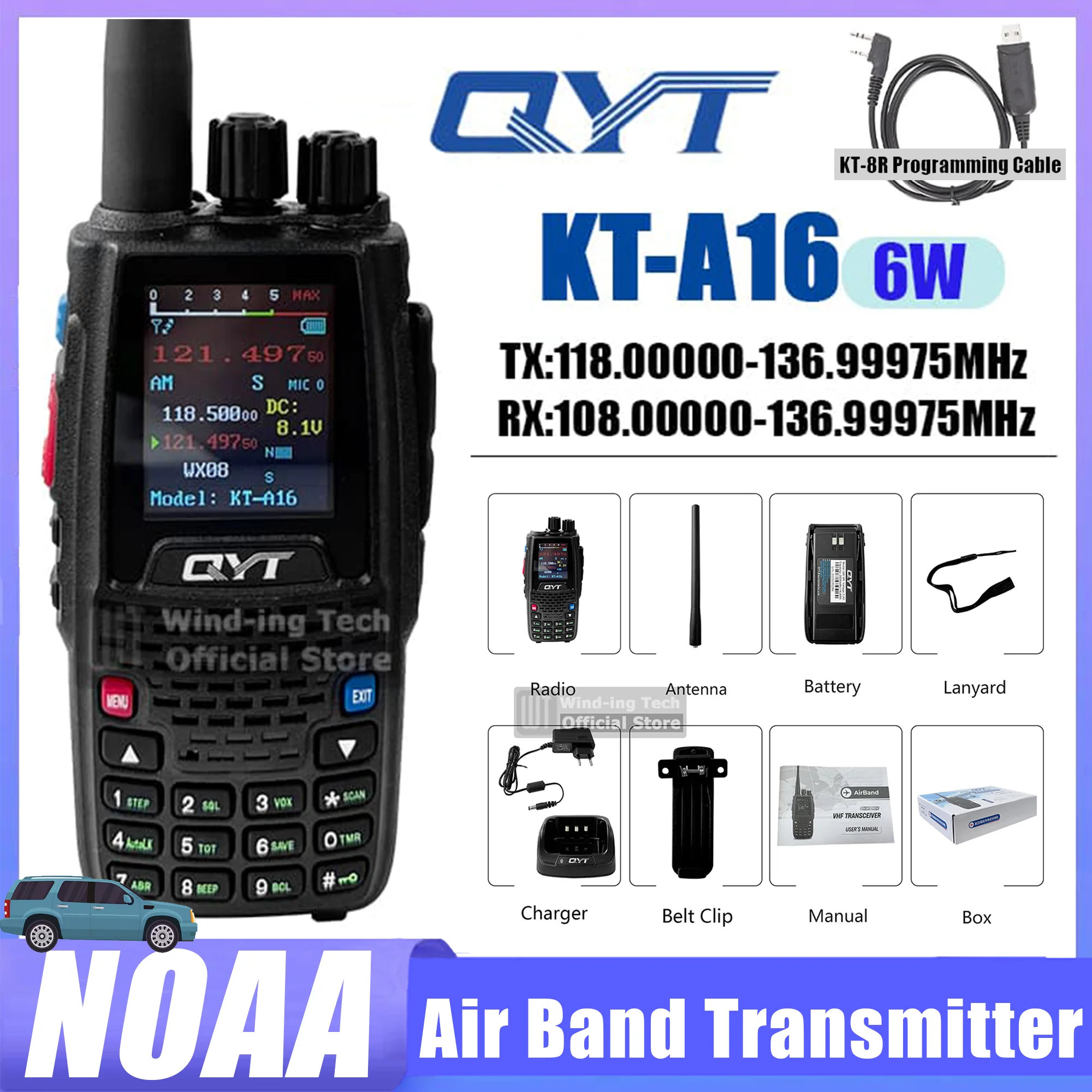 QYT KT-A16 Walkie Talkie 6W Air Band Sender VHF Transceiver 2000mAh NOAA AM Superheterodyne Schaltung Luftfahrt Tragbares Radio Image