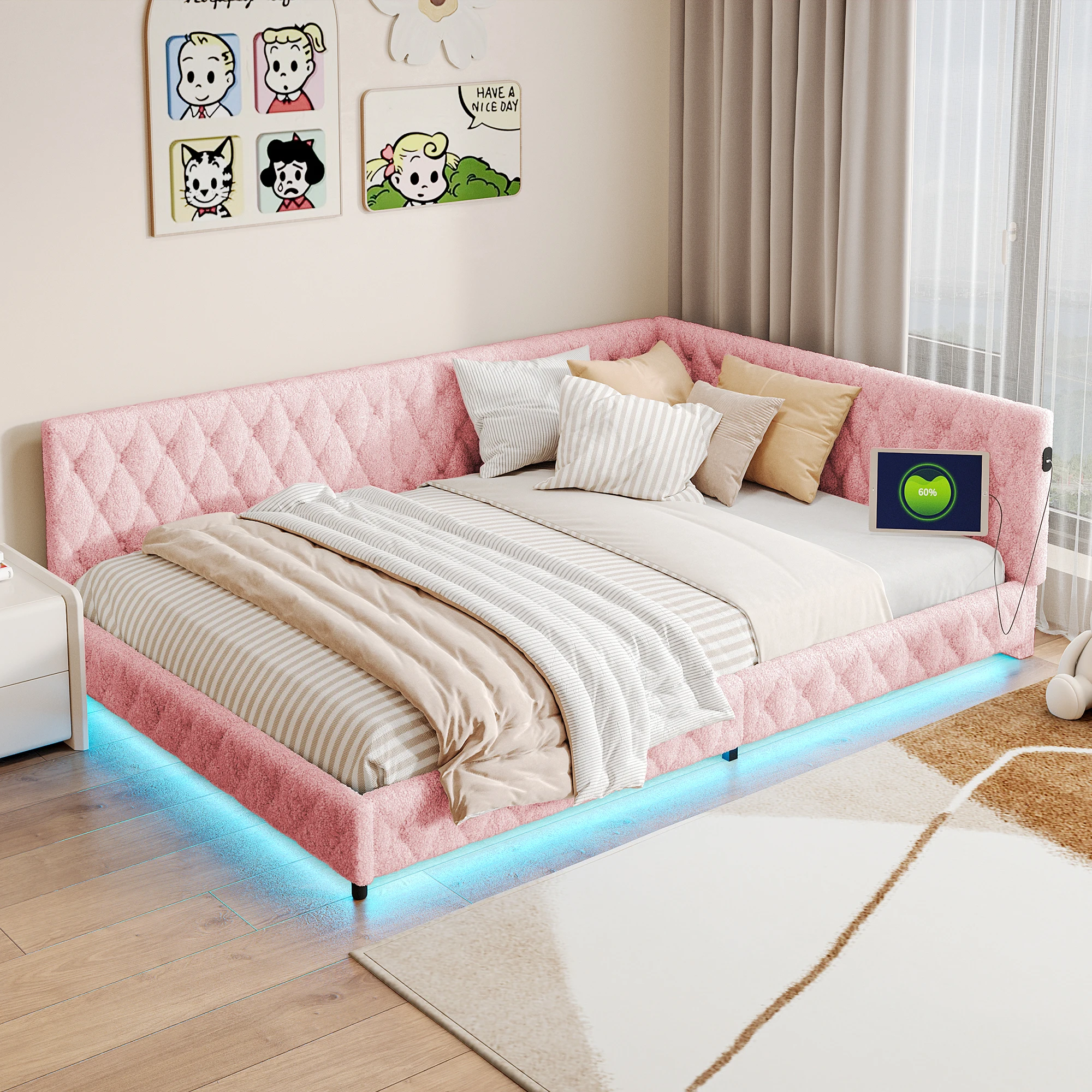 Superaly Polsterbett 140 x 200 cm, Schlafsofa, mit LED- und USB-Anschluss, mit Lattenrost, ohne Matratze, Rosa Image