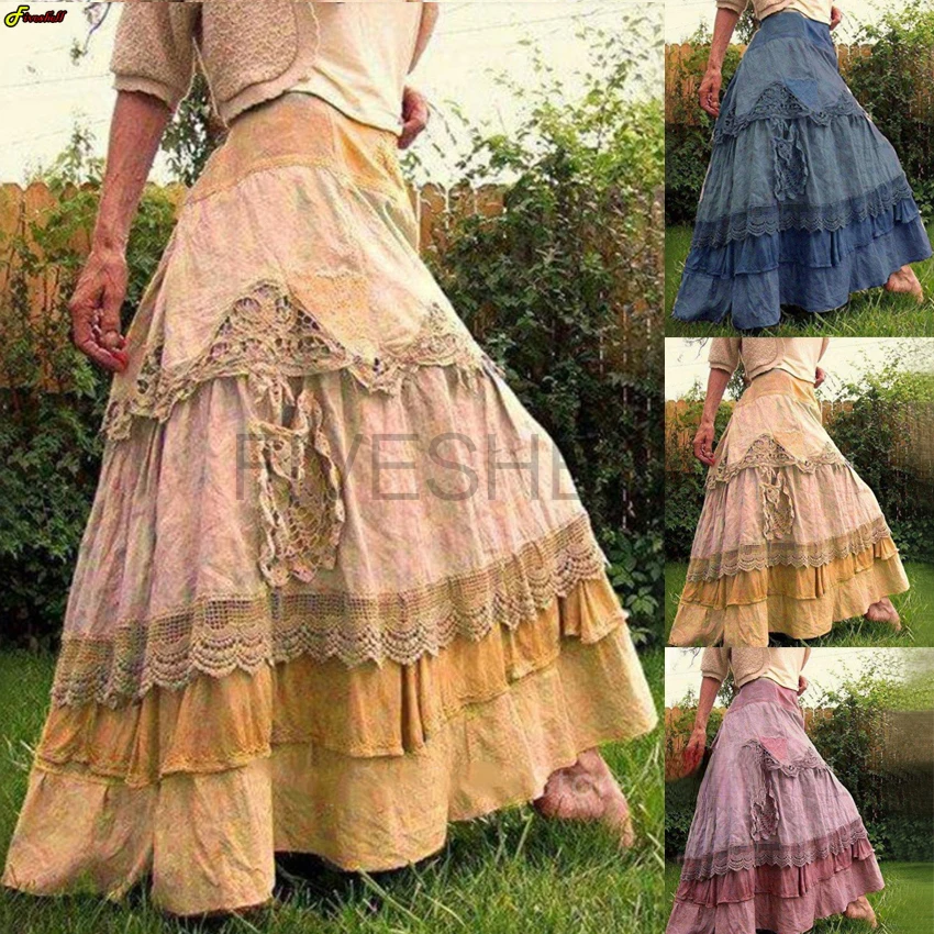 Neue Medieval Renaissance Kostüm frauen Retro Hohe Taille Spitze Nähte Große Schaukel Röcke Halloween Party Elegante Kuchen Rock