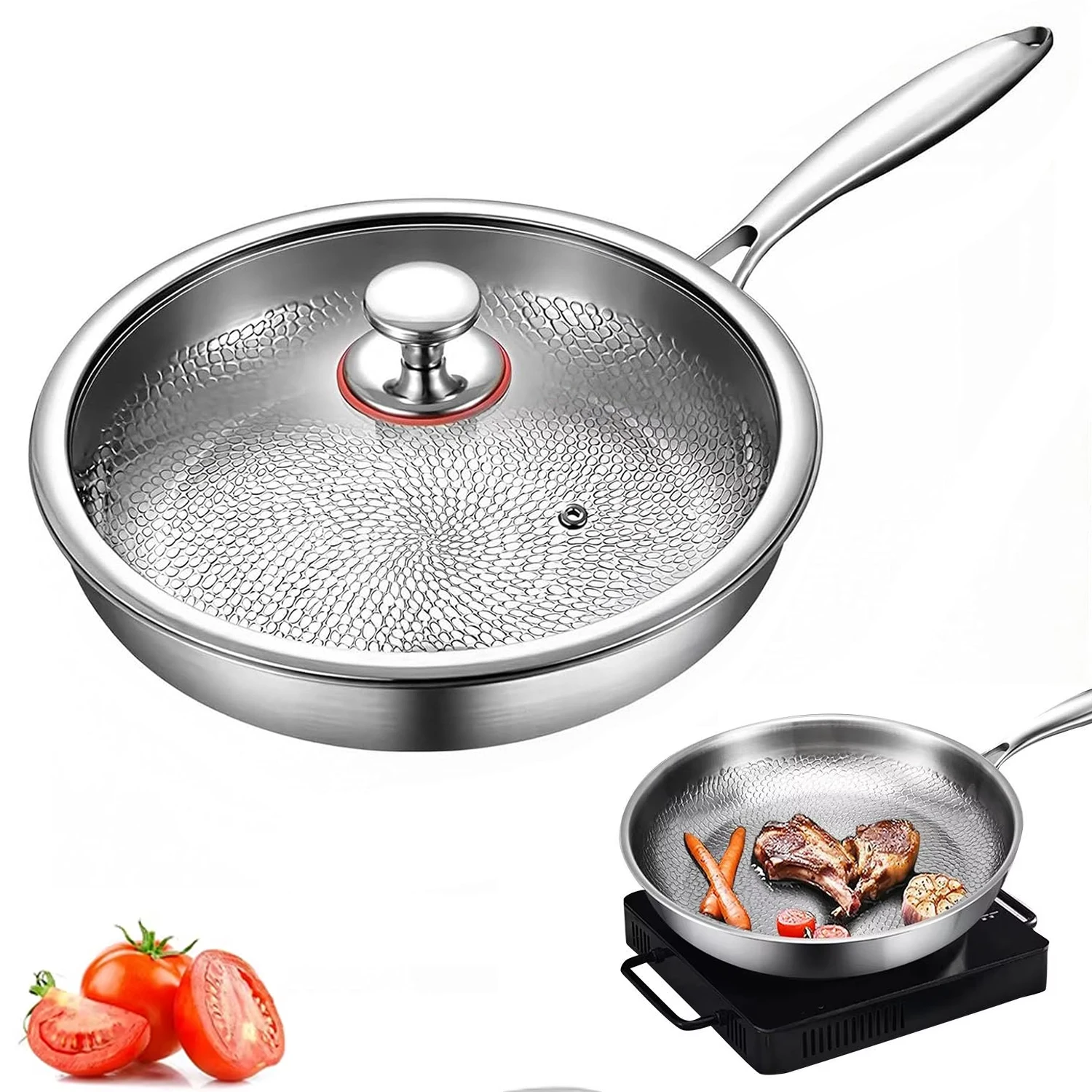 DWiusty Titan-Bratpfanne mit Glasdeckel, antihaftbeschichtet, gleichmäßig erhitzende Pfanne, unbeschichtete Wok-Pfanne aus Titanlegierung, Küchenkochgeschirr, 30 cm Image