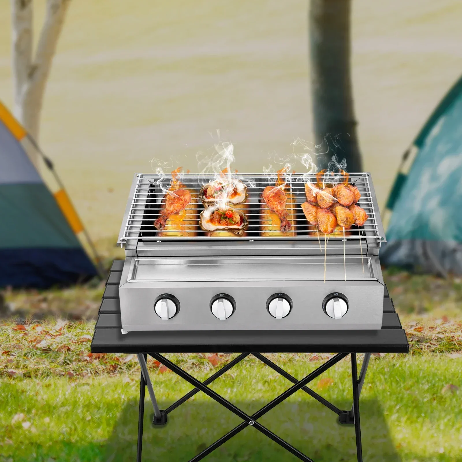 BYMAOCAR Gasgrill, 4 Brenner, Edelstahl, LPG-Gasgrill, Grilltisch, Grill für Picknick, 58 x 40 x 20 cm Image
