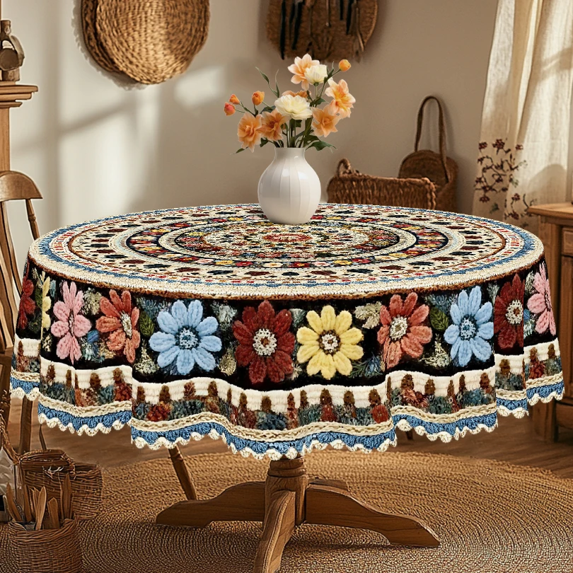 1 Stück bedruckte Tischdecke im Bohemian-Stil, rund und rechteckig, in verschiedenen Größen erhältlich, mit aufwendigen geometrischen Mustern und bunten Blumendesigns, warme braune Grundfarbe, die Image