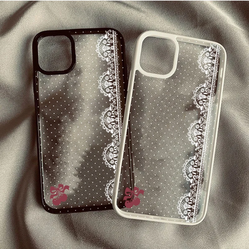 Niedliche Kirsch-Schleife Weiße Spitze Polka Dot Handyhülle für iPhone 11 12 13 14 15 16 17 Pro Max 16E Air X XR XS 7 8 Plus SE 2022 Cover Image