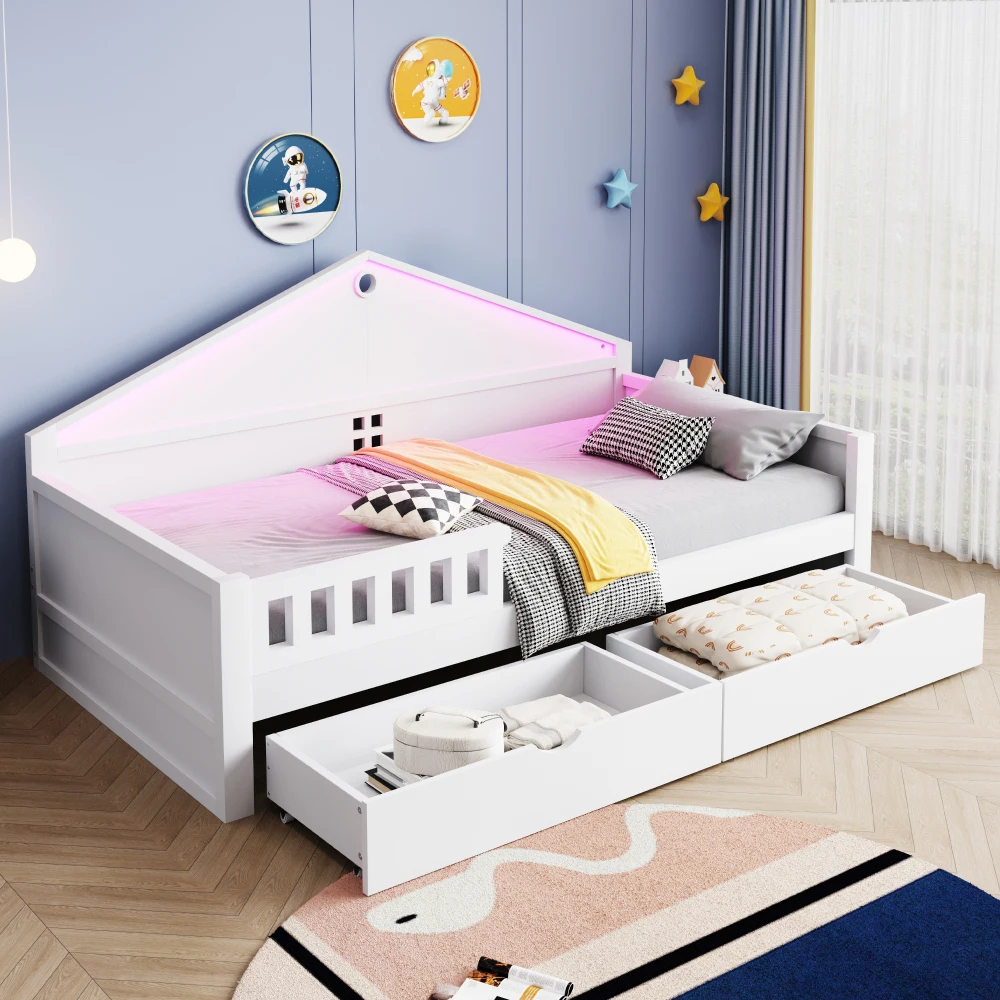 90×200cm Kinderbett mit LED-Lichtleiste und zwei großen Schubladen, Gitter, robuste Konstruktion, Einzelbett, Jugendbett, für Kinder