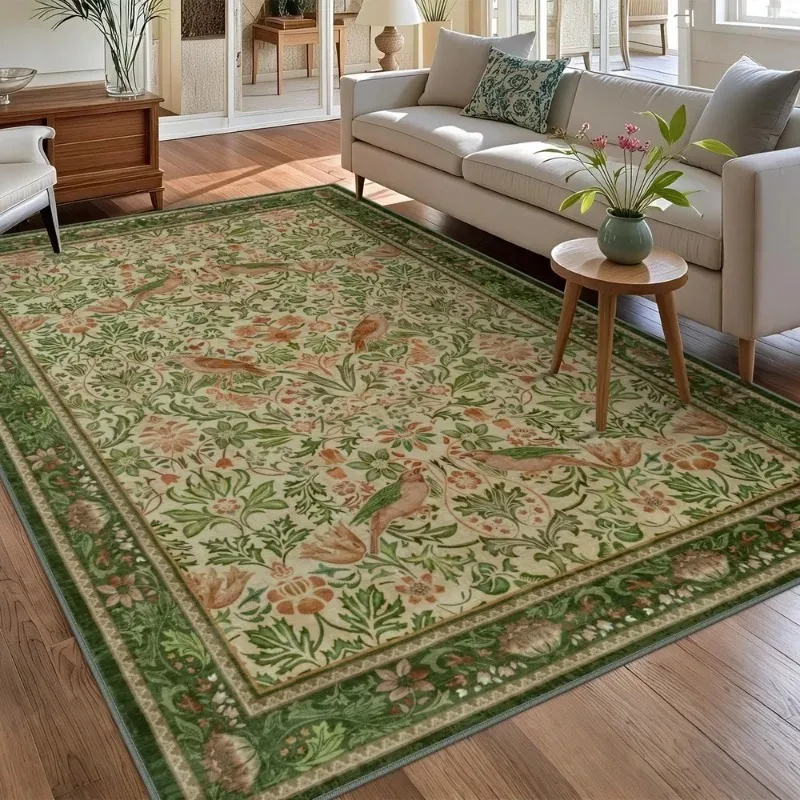 Blumenmuster Vintage-Teppich Distressed-Print Waschbarer Rutschfester Teppich für Wohnzimmer Schlafzimmer Esszimmer Europäischer Retro Luxus Grün