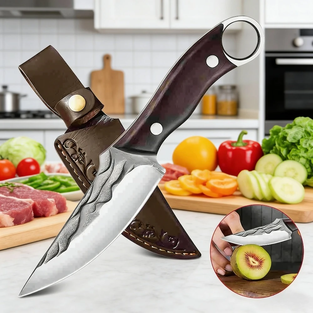 ZENG Handgeschmiedetes Gehämmertes Ausbeinmesser mit Ringgriff aus Massivholz, Edelstahl-Fleischermesser mit PU-Scheide zum Fleischschneiden Image