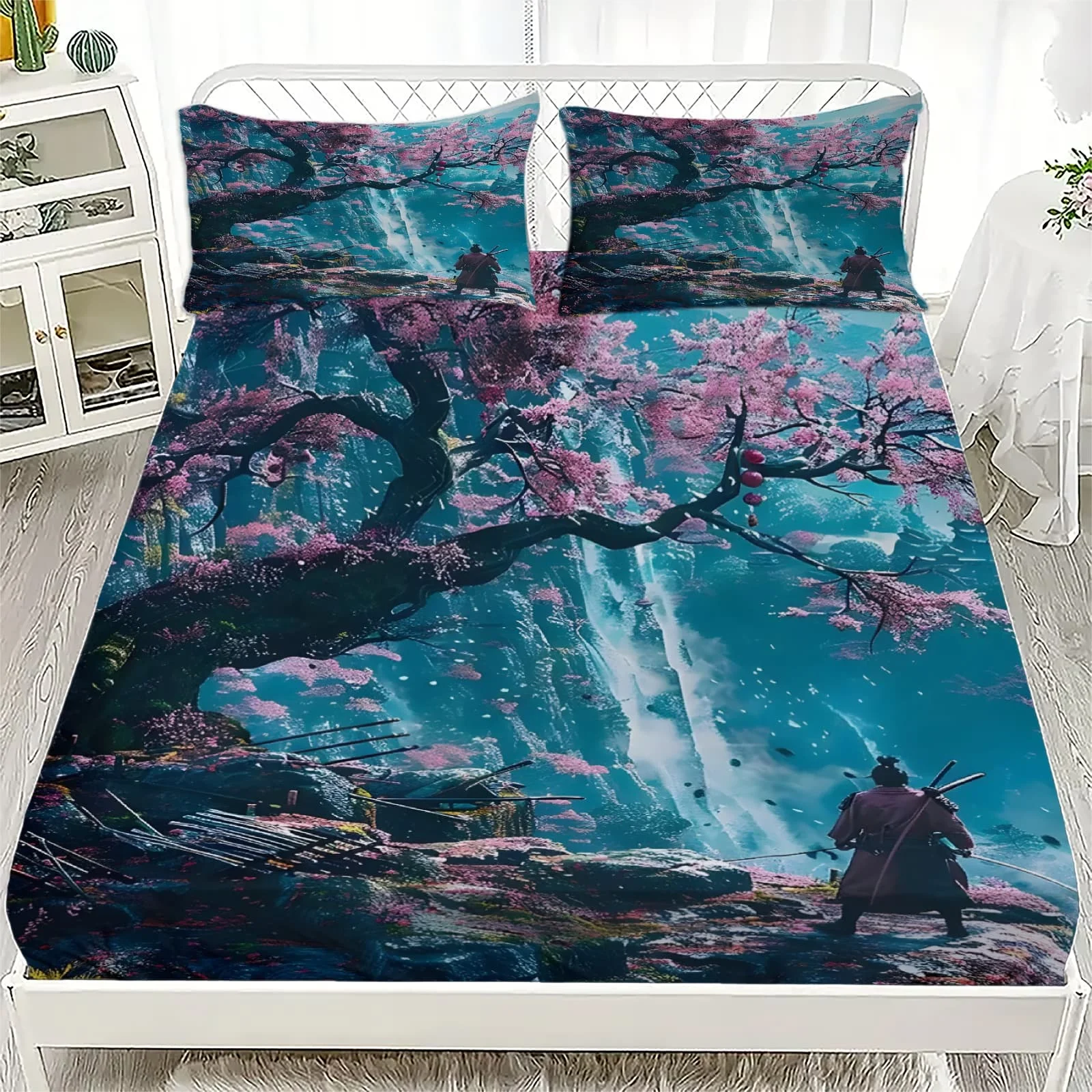 1 Stück Fantasy-Samurai-Spannbettlaken mit Kirschdruck, elastischer Matratzenbezug mit tiefen Taschen, Einzelbett, Doppelbett, Queen-Size-Bett, King-Size-Bett, Schlafzimmerdekoration Image
