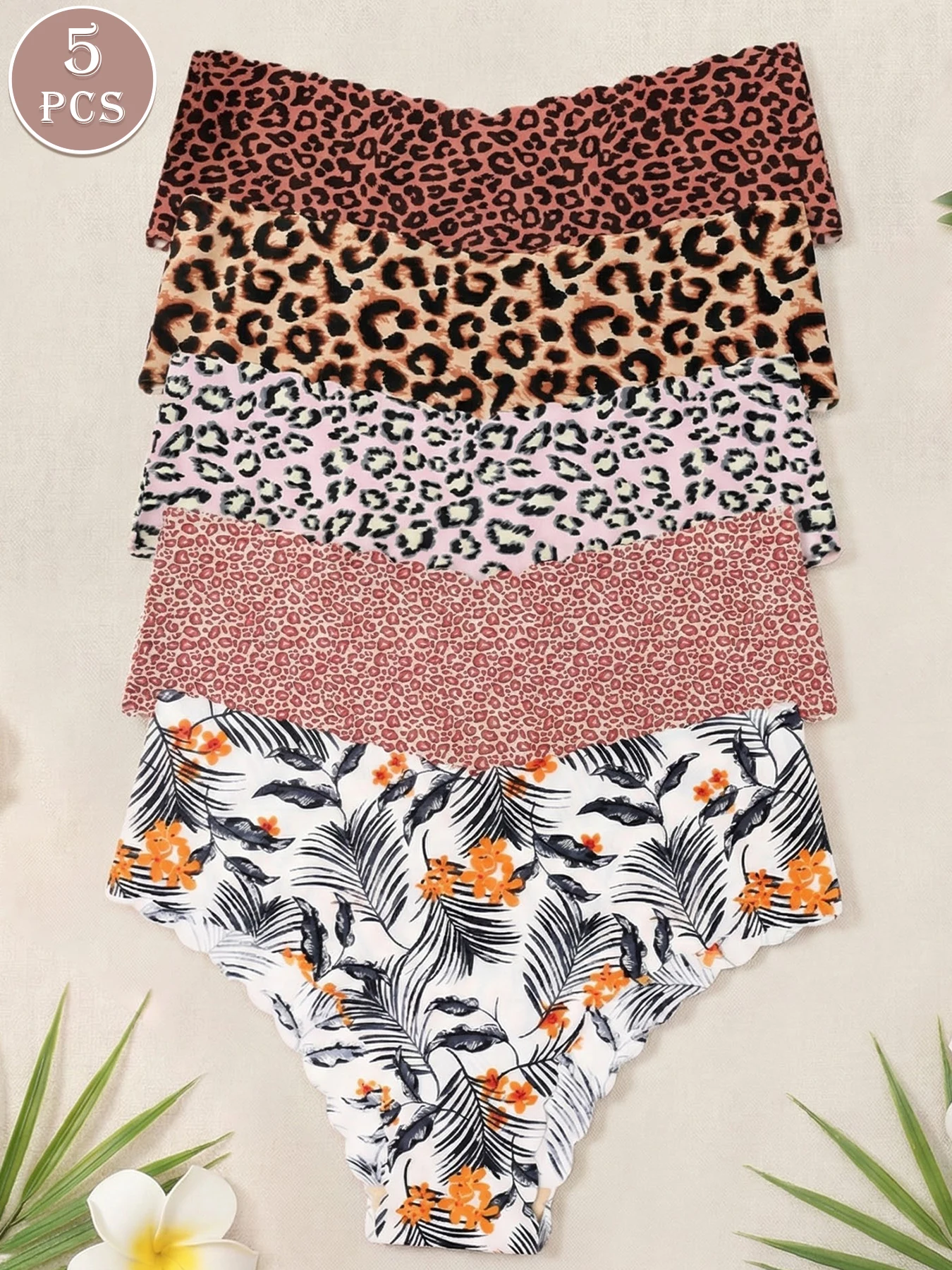 5er-Pack nahtlose Damen-Slips, gemischter Leoparden- und Blumenmuster-Print, Komfort-Unterwäsche mit gewelltem Rand Image