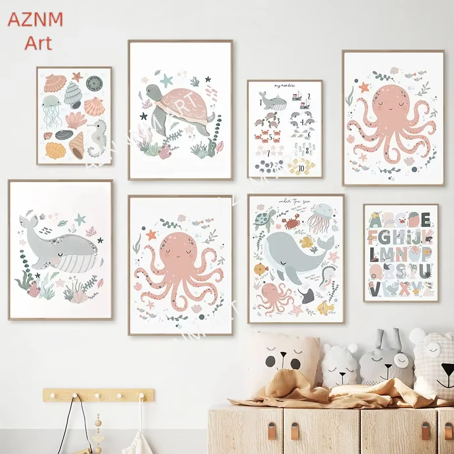 Wandkunstdrucke „Unter dem Meer“ für das Kinderzimmer – Niedliche Poster mit Oktopus, Wal und Meereslebewesen für geschlechtsneutrale Babyzimmerdekoration
