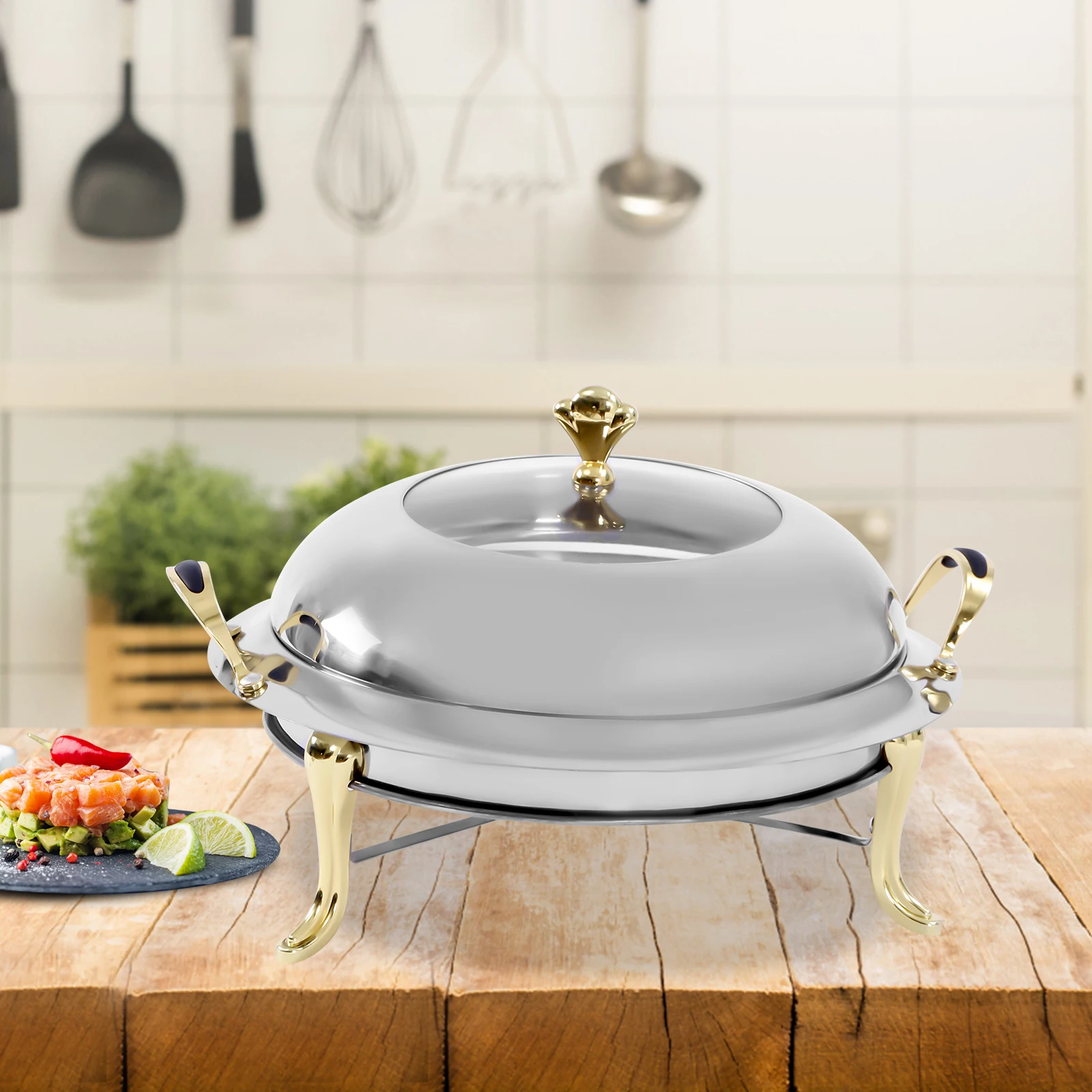 Chafing Dish, Edelstahl-Buffetwärmer 28cm Gold, Runder Speisenwärmer mit Griffen, Leicht zu Reinigen für Restaurant und Zuhause Image
