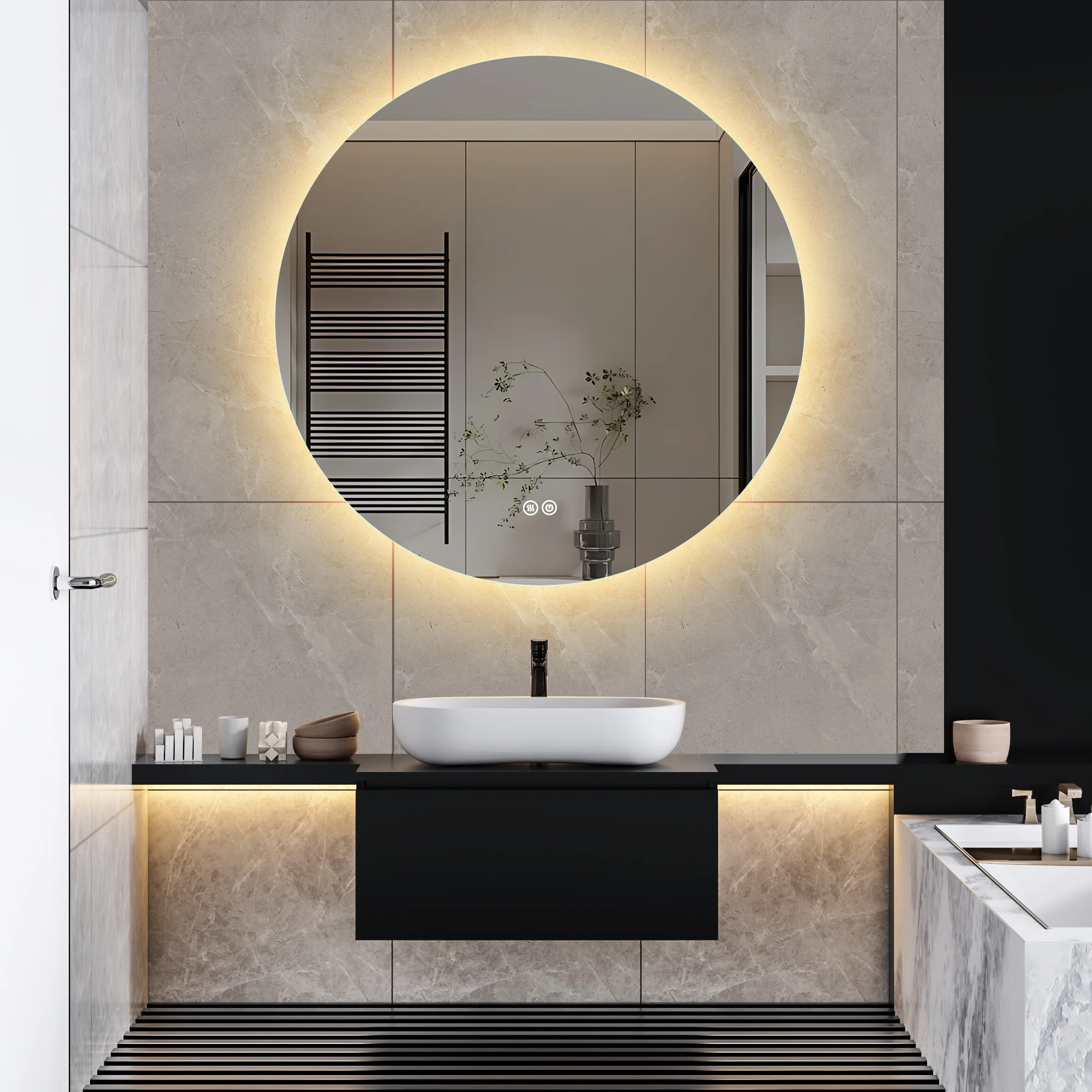 Superaly Runder LED-Badezimmerspiegel, Kosmetikspiegel, Schlafzimmerspiegel, Antibeschlag-Funktion, Drei Helligkeitsstufen, 800 mm