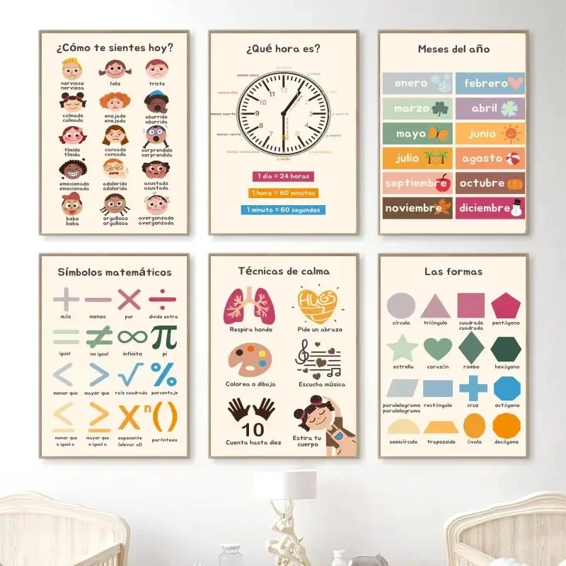 Boho Wandkunst, Zahlen- und Alphabet-Lernposter, spanische Lernposter und Drucke, Kinder- und Kleinkind-Spielzimmer-Dekoration, Leinwandgemälde