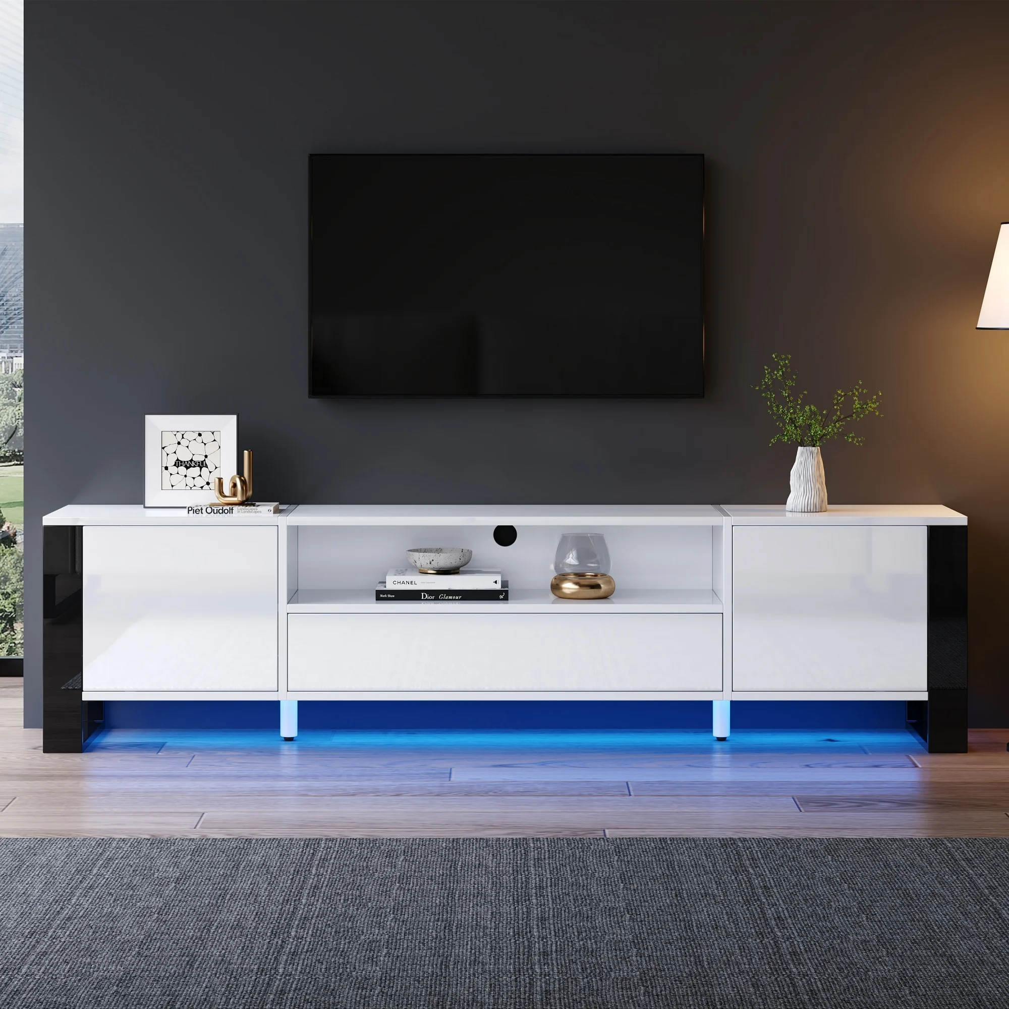 TV-Schrank mit LED-Beleuchtung, mit Schublade& Türen,Hochglanzweiß Image