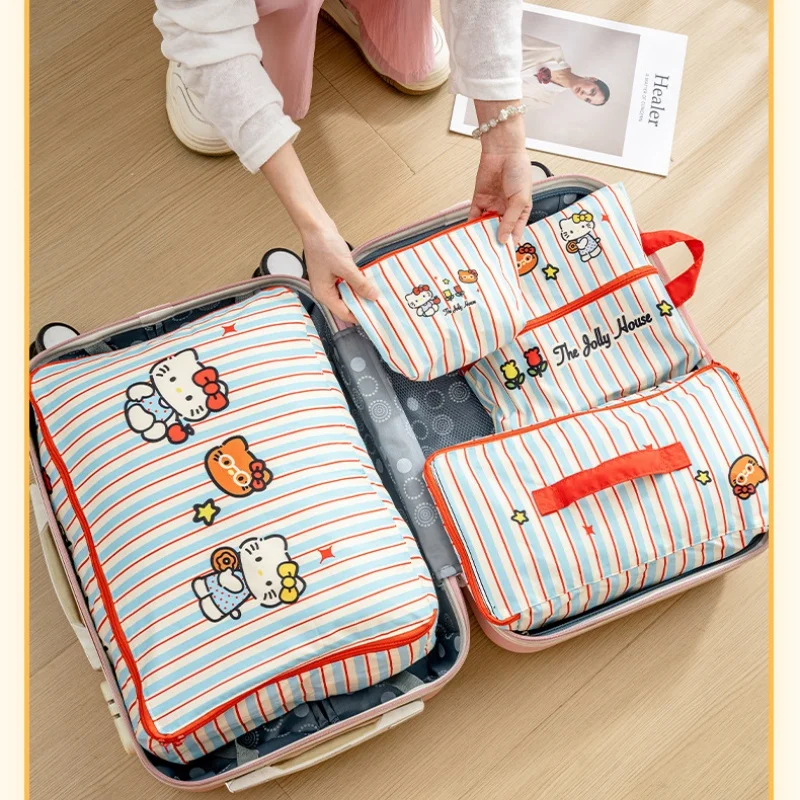 Hello Kitty gestreifte Reise-Aufbewahrungstaschen, wasserdichte Koffer-Packtaschen, Organizer-Tasche für Kleidung, Unterwäsche, Schuhe, Organisation, Geschenk