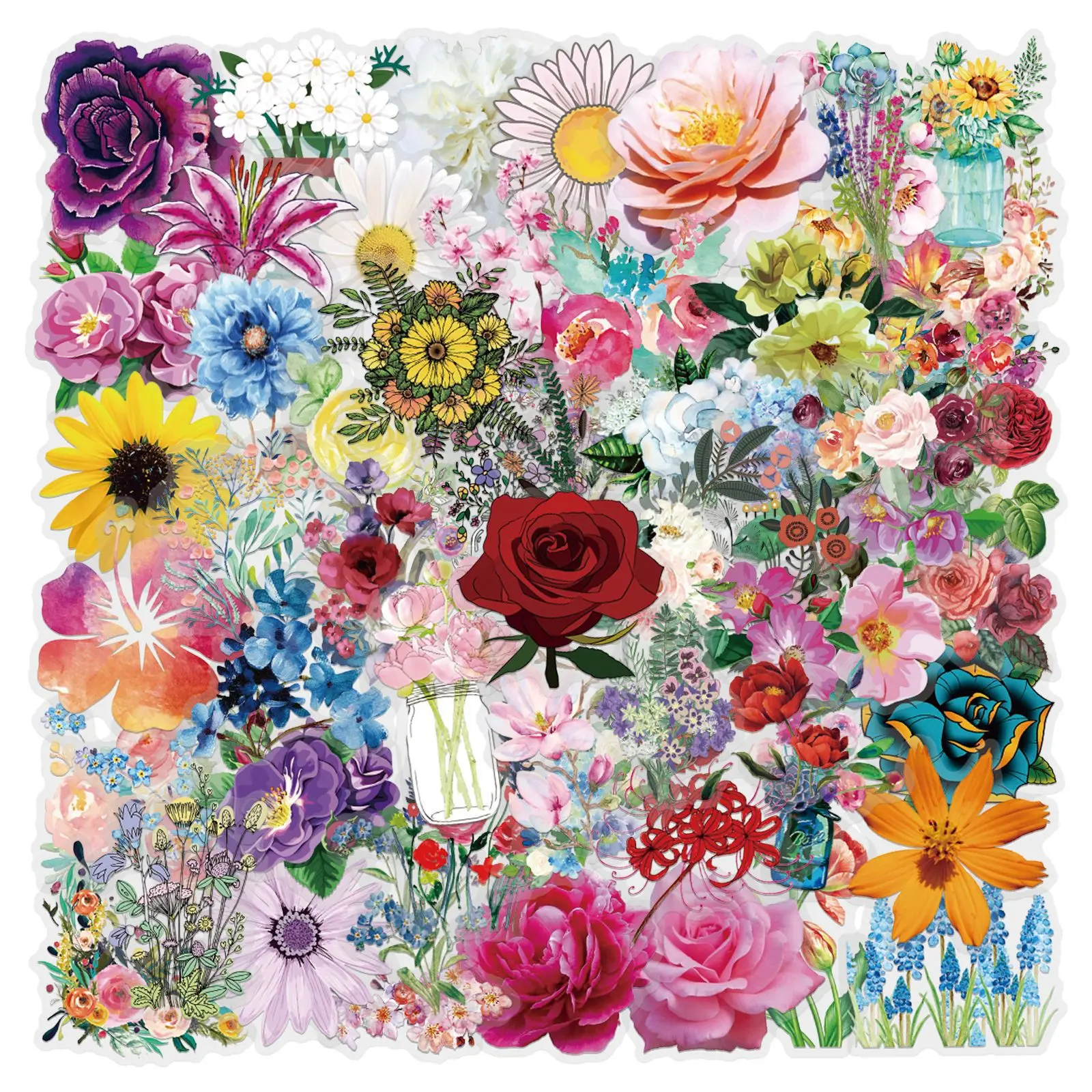 60 Stück Bunte Blumen-Aufkleber-Set Wasserfeste Transparente PET Handgemachte Blumen-Material Dekorative Aufkleber Image