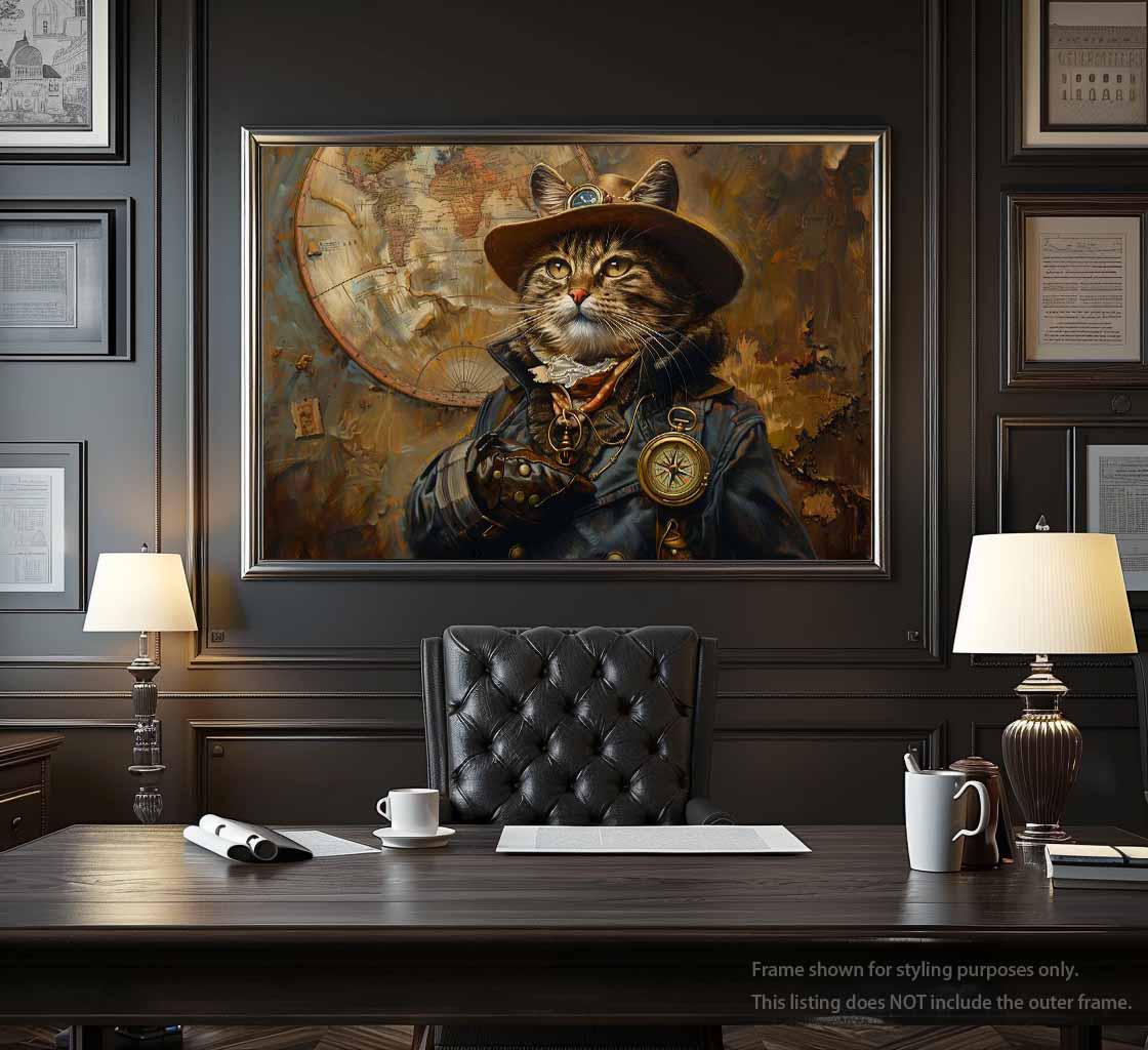 Quadro su tela con gatto steampunk, stampa vintage di gatto esploratore, ritratto vittoriano di animale con mappa, decorazione murale stravagante, sta