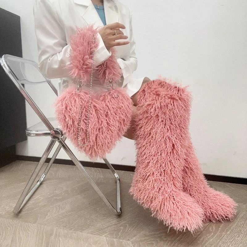 Fourrure épaisse costumes femmes 2025 nouveau Faux fourrure mongole ensembles fourrure neige bottes fourrure sac à bandoulière dames moelleux bottes plate-forme chaussures