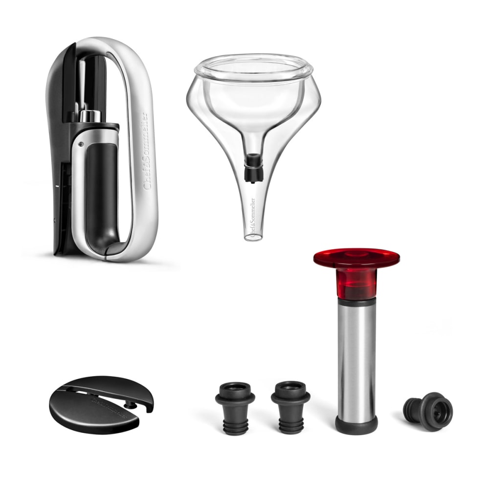Set 4 accessori enologici vetro, silicone, nylon, inox, ABS