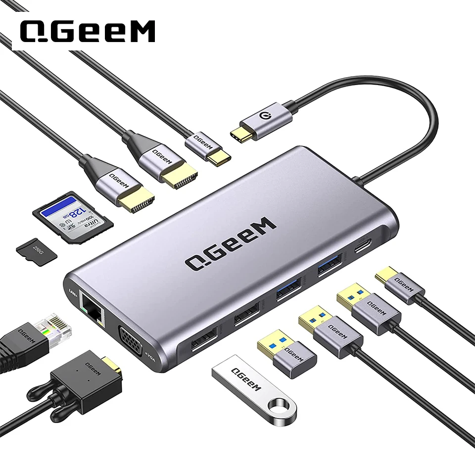 Docking station USB C QGeeM, docking station per laptop hub USB C 12 in 1 doppio monitor, dock USB tipo C a triplo display 4K doppio HDMI