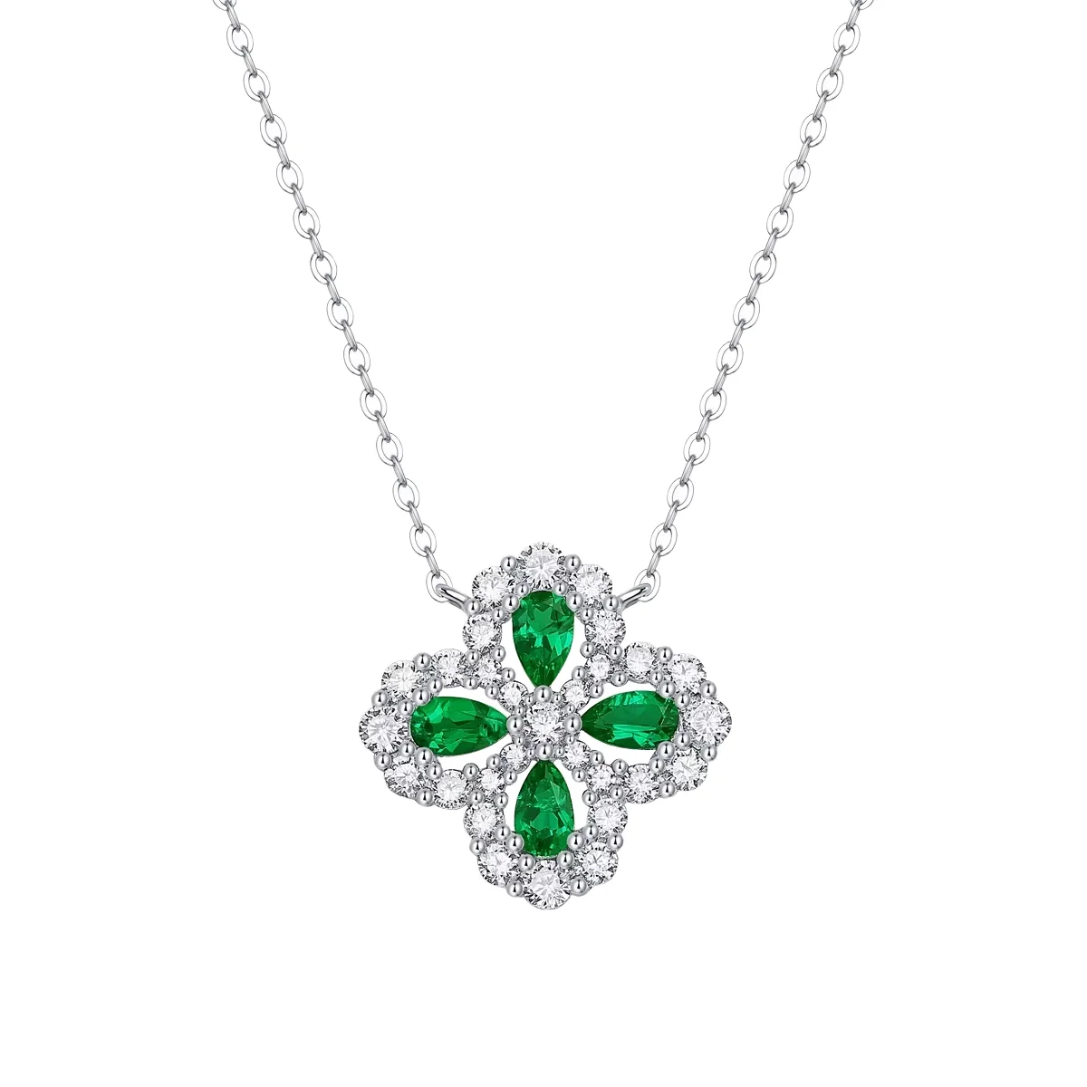 Collana con Pendente a Quadrifoglio in Argento Sterling S925 Placcato Rodio con Zirconi Taglio Smeraldo a Goccia per Donne